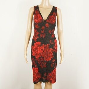 Vintage 90s Le Chateau Rose Floral Black Midi Dress